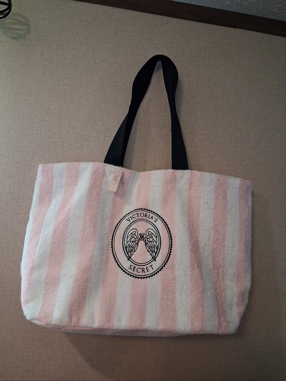 Victoria's Secret Pink and White Striped Logo Tote with Black Handles